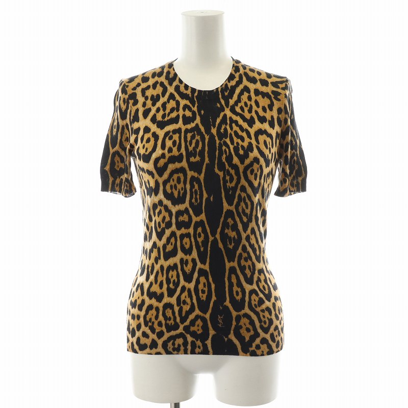 イヴサンローラン YVES SAINT LAURENT カサンドラロゴ ニット カットソー 半袖 ヒョウ柄 レオパード カシミヤ シルク混 絹 XS 茶 黒 イヴサンローラン YVES SAINT LAURENT カサンドラロゴ ニット