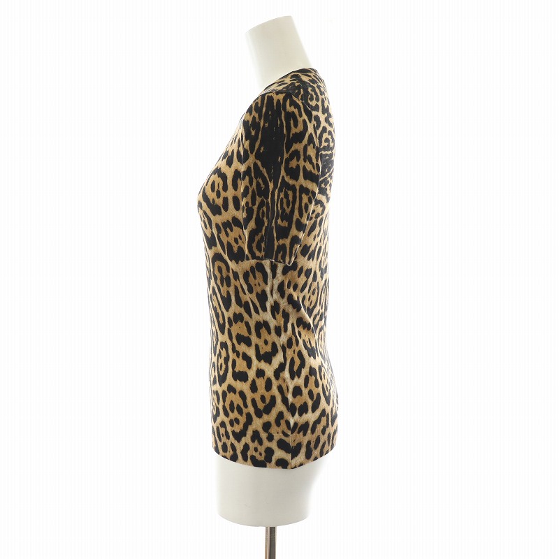 イヴサンローラン YVES SAINT LAURENT カサンドラロゴ ニット カットソー 半袖 ヒョウ柄 レオパード カシミヤ シルク混 絹 XS 茶 黒 イヴサンローラン YVES SAINT LAURENT カサンドラロゴ ニット