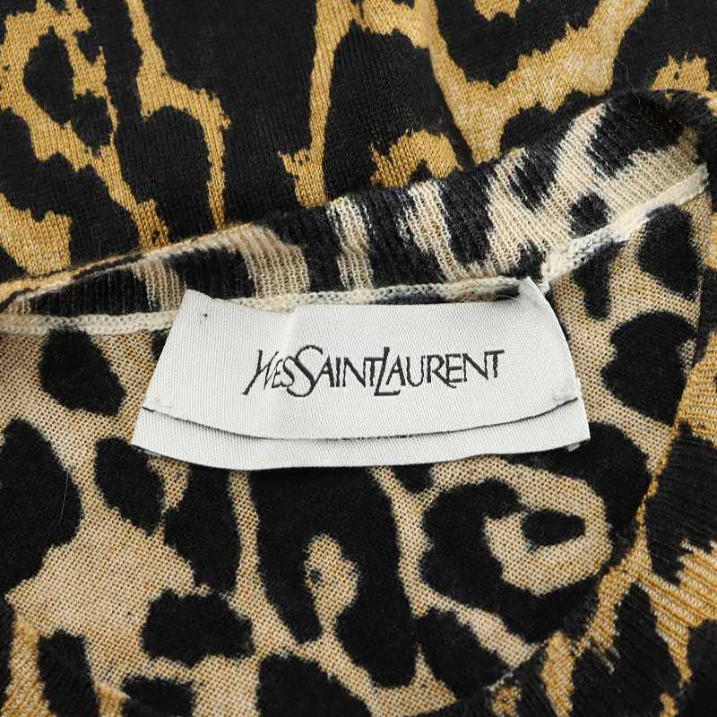 イヴサンローラン YVES SAINT LAURENT カサンドラロゴ ニット カットソー 半袖 ヒョウ柄 レオパード カシミヤ シルク混 絹 XS 茶 黒 イヴサンローラン YVES SAINT LAURENT カサンドラロゴ ニット