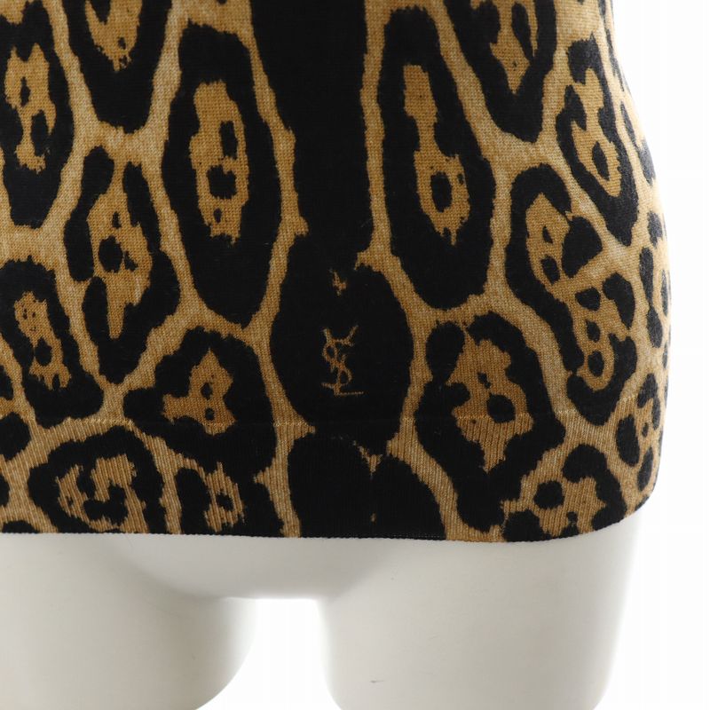 イヴサンローラン YVES SAINT LAURENT カサンドラロゴ ニット カットソー 半袖 ヒョウ柄 レオパード カシミヤ シルク混 絹 XS 茶 黒 イヴサンローラン YVES SAINT LAURENT カサンドラロゴ ニット