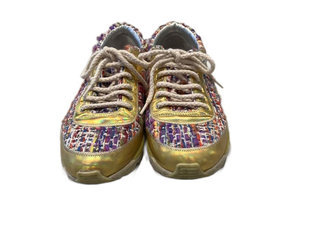 シャネル CHANEL ツイード メタリック スニーカー 36 黄色 イエロー