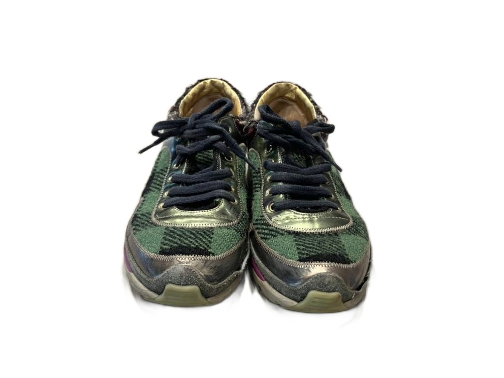 シャネル CHANEL チェック スニーカー G30442 38 緑 グリーン