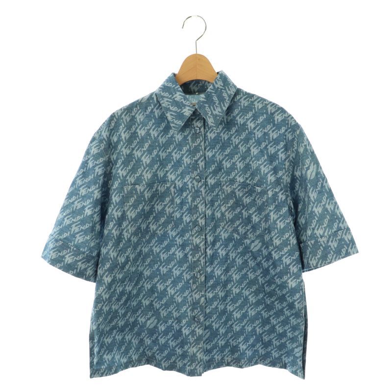フェンディ FENDI FLF641 AJK2 ロゴ総柄 半袖デニムシャツ IT38 青 /MI  