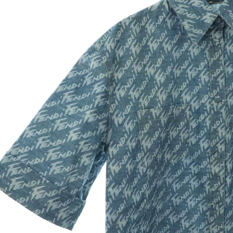 フェンディ FENDI FLF641 AJK2 ロゴ総柄 半袖デニムシャツ IT38 青 /MI  