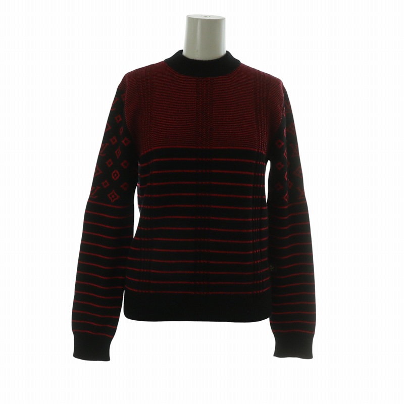 【中古】LOUIS VUITTON ニット セーター カシミヤ ウール混 長袖 モノグラム ボーダー柄 XS 赤 黒 FJKL08XZN ルイヴィトン LOUIS VUITTON ニット セーター カシミヤ ウール混 長袖