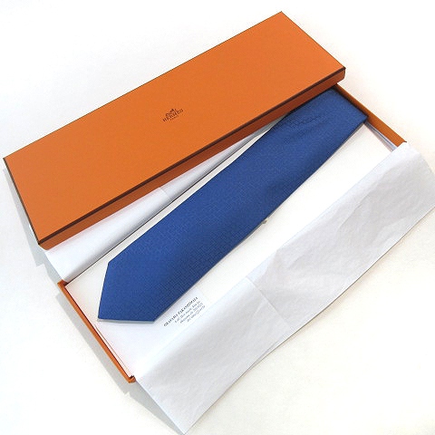 【美品】エルメス HERMES ネクタイ 総柄 ブルー系 シルク タグ付き エルメス 総柄ネクタイ シルク100% ブルー系 Hermes【AFI7