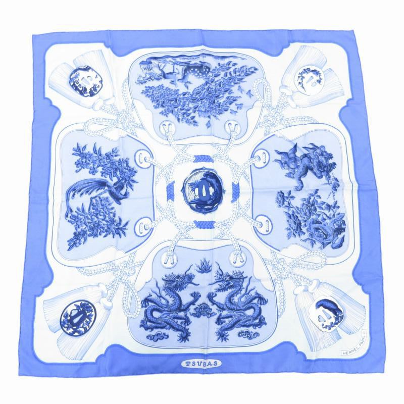 エルメス HERMES カレ90 TSUBAS スカーフ チーフ 総柄 絹 シルク 青  