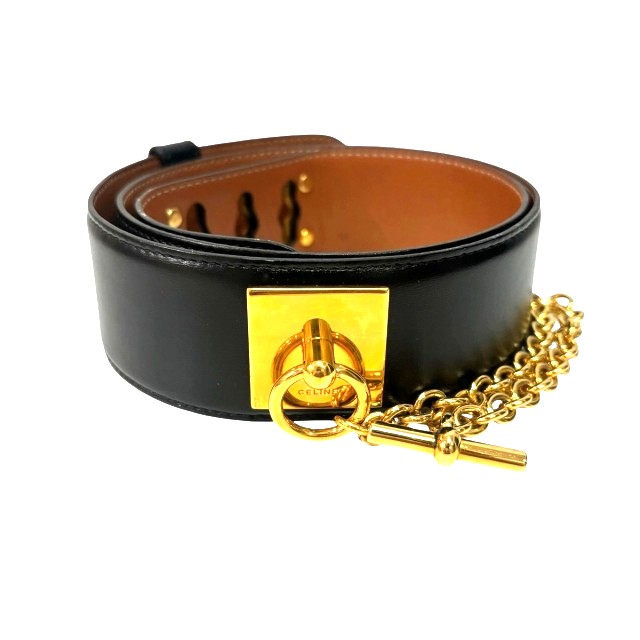 美品　セリーヌ ヴィンテージ　エナメル　ブラック チェーン ベルト レディース 美品 セリーヌ ヴィンテージ エナメル ブラック チェーン ベルト