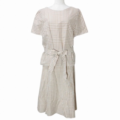 アリスバーリー Aylesbury 美品 セットアップ チェック シルク混 ブラウス プルオーバー 半袖 フレアスカート ひざ丈 リボンベルト付き 11 L相当 ベージュ ホワイト X レディース