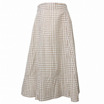 アリスバーリー Aylesbury 美品 セットアップ チェック シルク混 ブラウス プルオーバー 半袖 フレアスカート ひざ丈 リボンベルト付き 11 L相当 ベージュ ホワイト X レディース